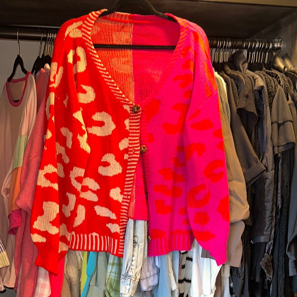 Leopard Print Red and Pink Sweater